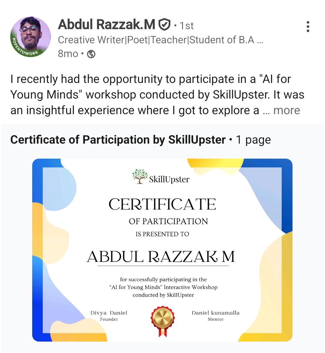 Archived post shared by learner Abdul about his SkillUpster programme