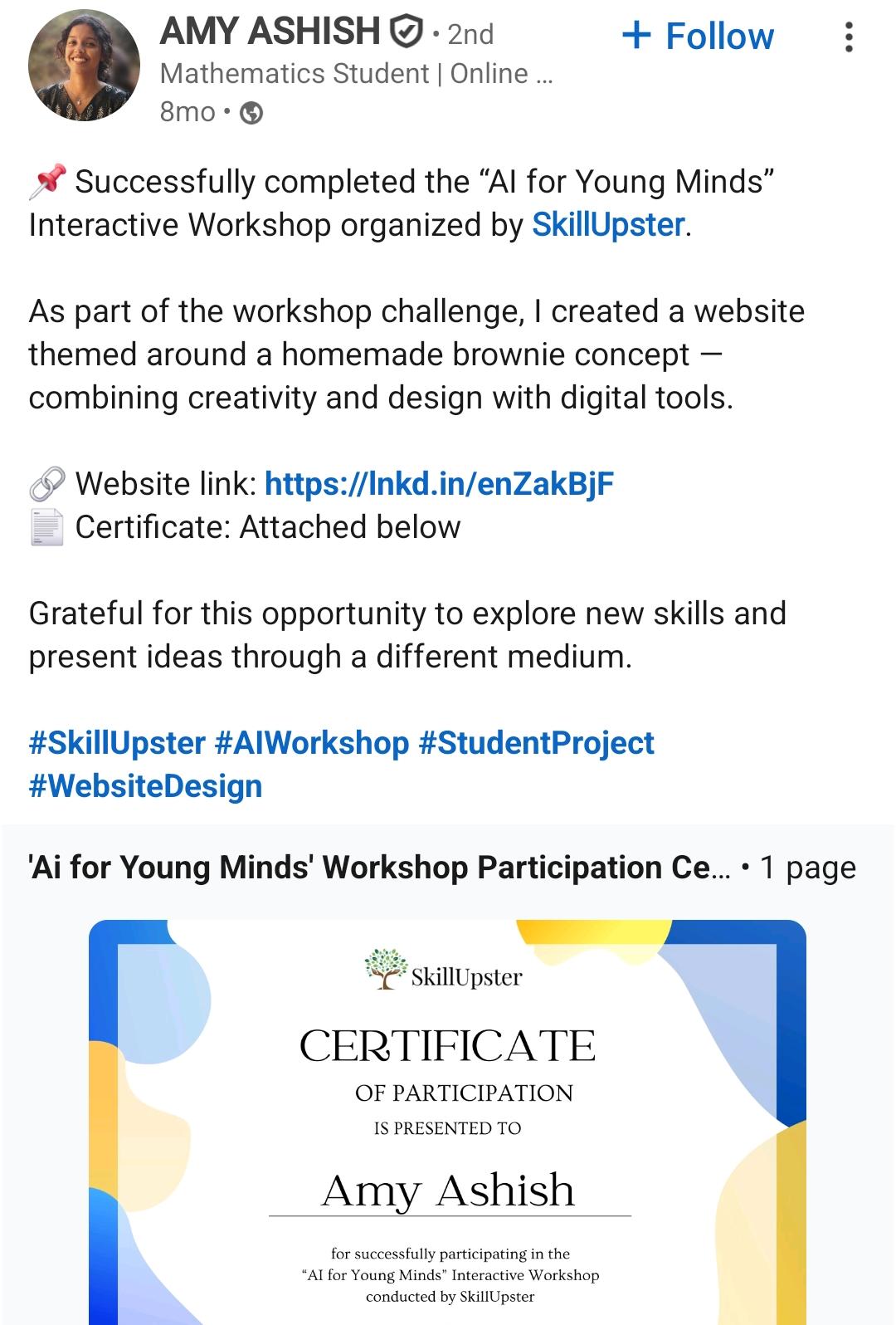 Archived post shared by learner Amy about her first SkillUpster project