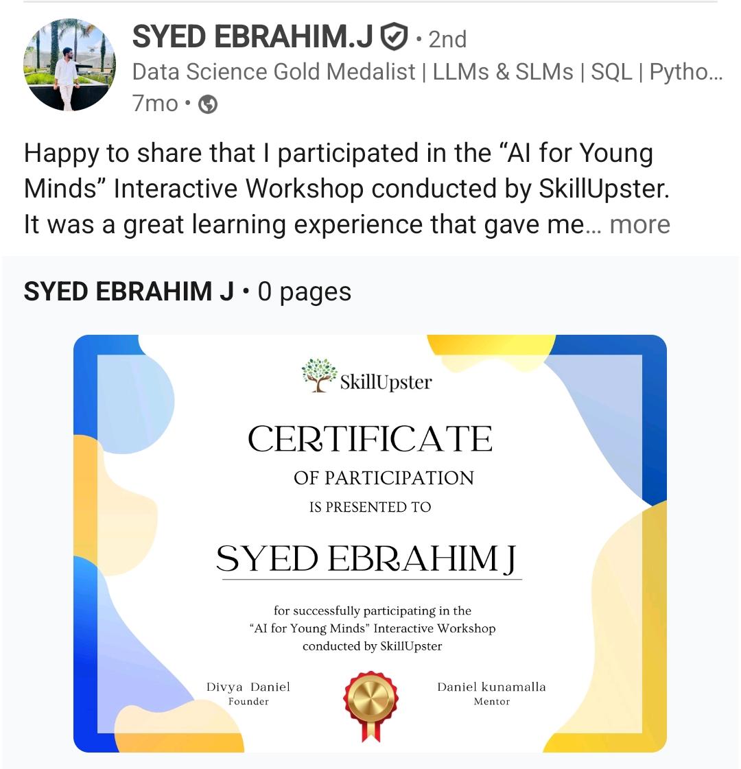 Archived post shared by learner Syed with his participation certificate