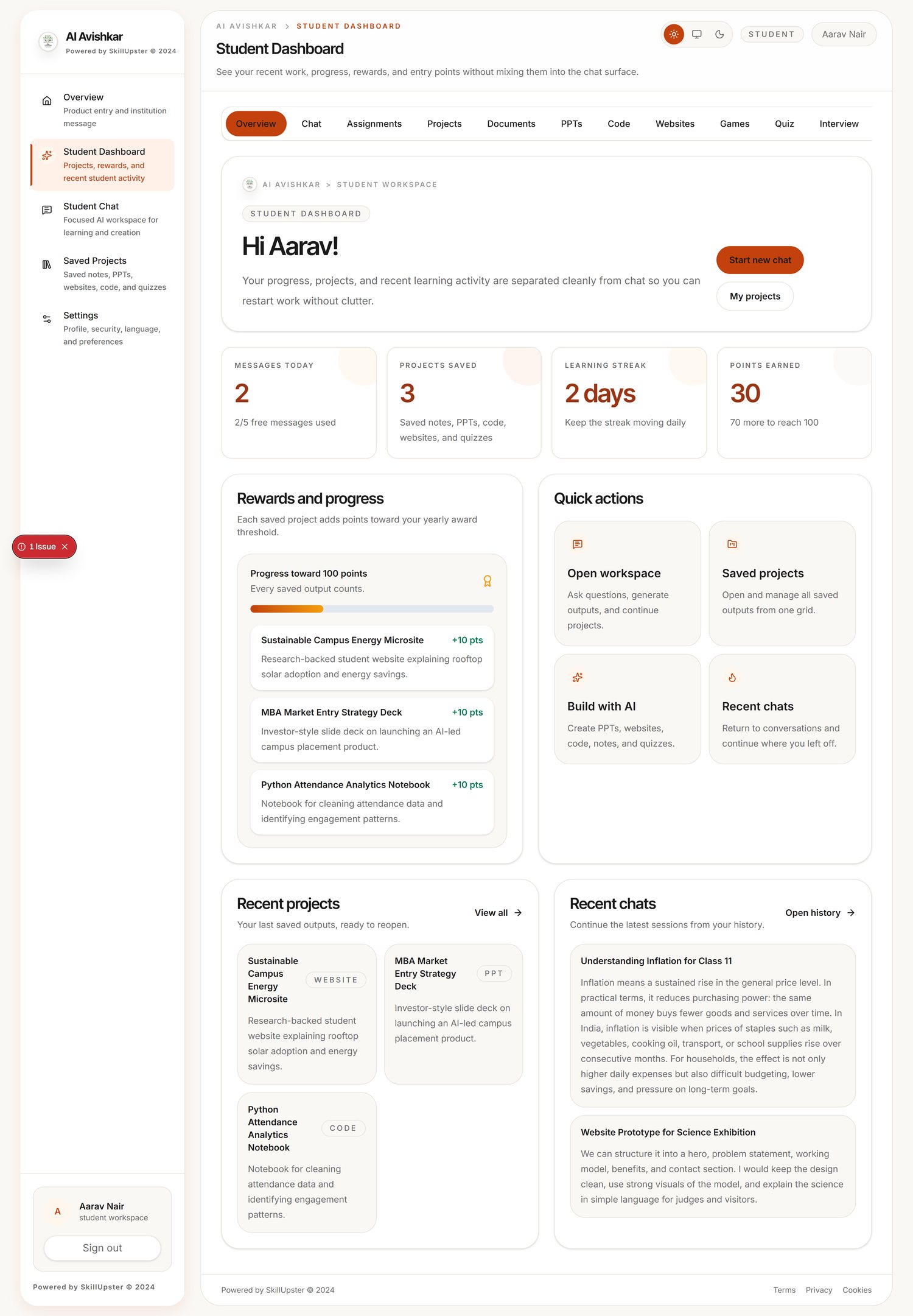 AI Avishkar development prototype — student workspace screen with synthetic demo data