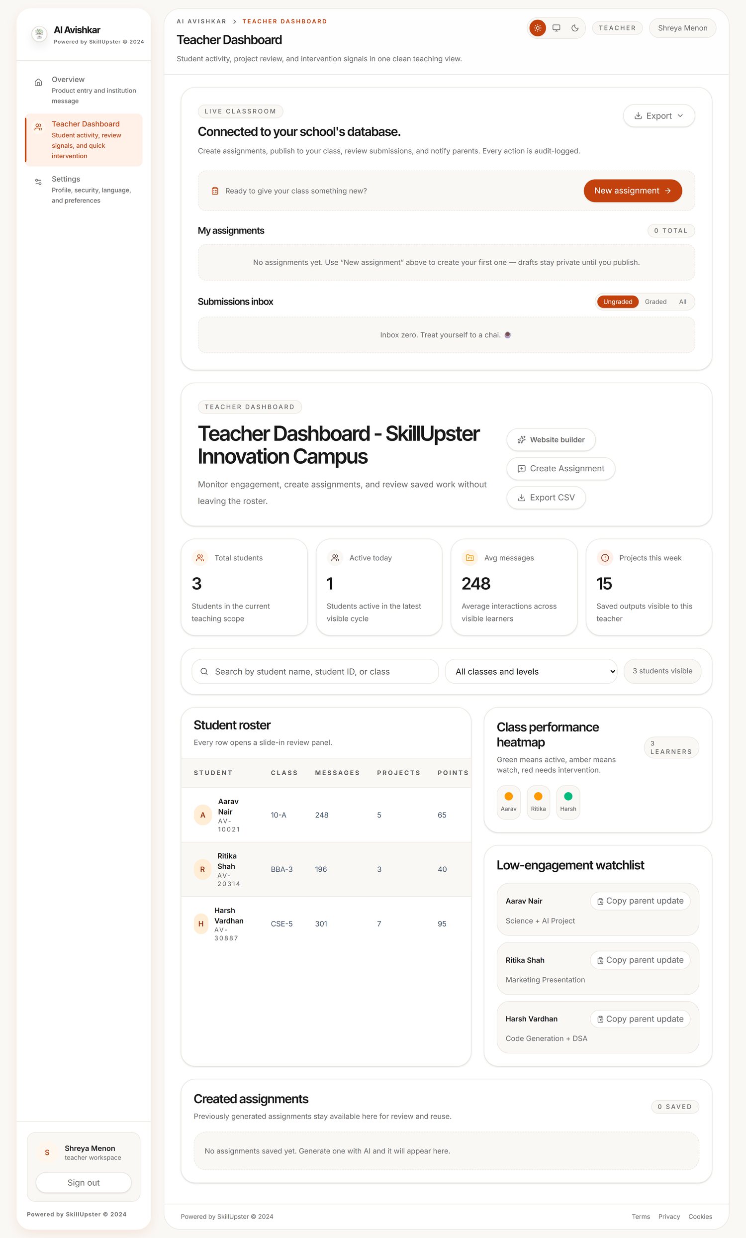 AI Avishkar development prototype — teacher assignment and review screen with synthetic demo data