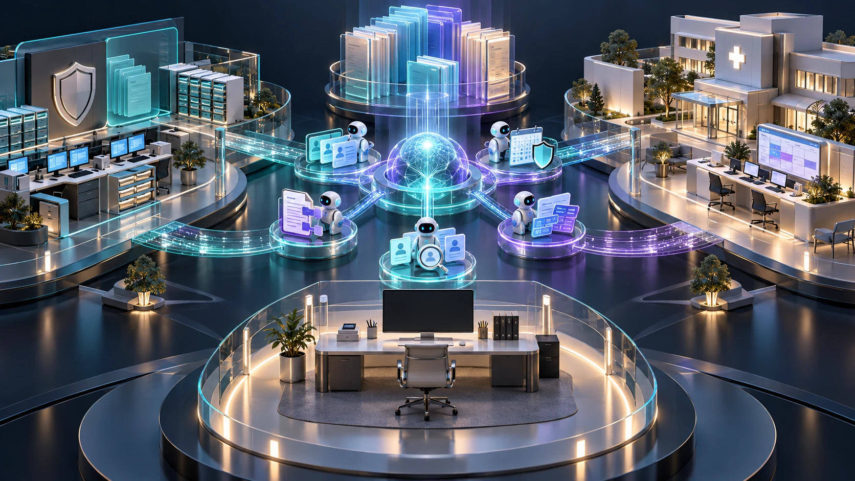 Original 3D-rendered healthcare administration concept connecting payer records, provider operations, specialist AI assistants and a human review desk